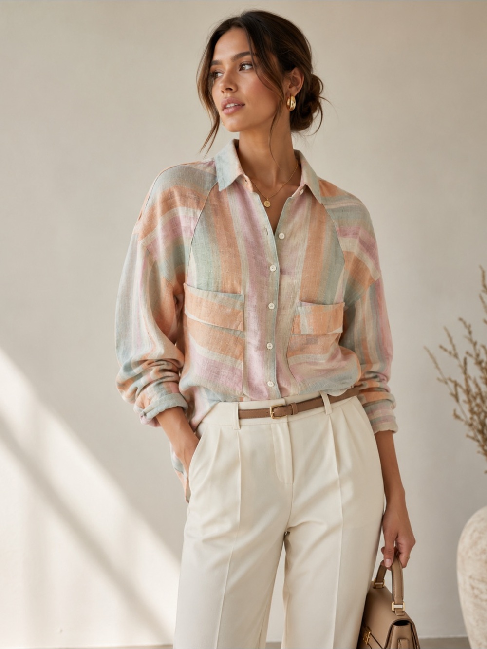 Free People Sherbet Pastel Multi-Stripe Linen Button-Up
